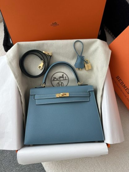  Hermes Kelly 25 CC75 Blue jean Handmade Epsom Gold #3546 - Image 18