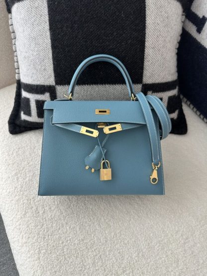  Hermes Kelly 25 CC75 Blue jean Handmade Epsom Gold #3546 - Image 2