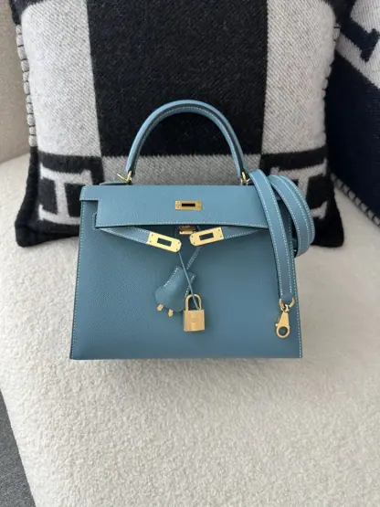  Hermes Kelly 25 CC75 Blue jean Handmade Epsom Gold #3546 - Image 2