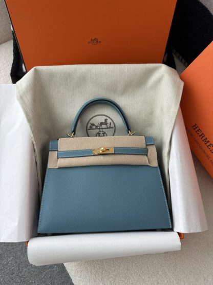  Hermes Kelly 25 CC75 Blue jean Handmade Epsom Gold #3546 - Image 19