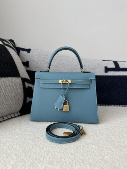  Hermes Kelly 25 CC75 Blue jean Handmade Epsom Gold #3546 - Image 13