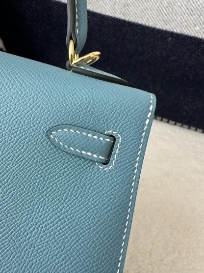  Hermes Kelly 25 CC75 Blue jean Handmade Epsom Gold #3546 - Image 8