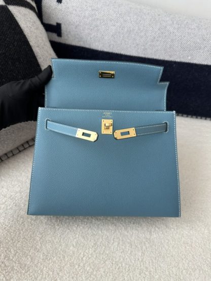  Hermes Kelly 25 CC75 Blue jean Handmade Epsom Gold #3546 - Image 9