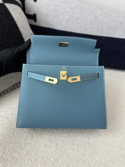  Hermes Kelly 25 CC75 Blue jean Handmade Epsom Gold #3546 - Image 9