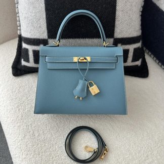 Replica Hermes Kelly 25 CC75 Blue jean Handmade Epsom Gold #3546