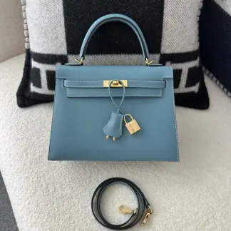 Replica Hermes Kelly 25 CC75 Blue jean Handmade Epsom Gold #3546