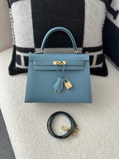 Replica Hermes Kelly 25 CC75 Blue jean Handmade Epsom Gold #3546