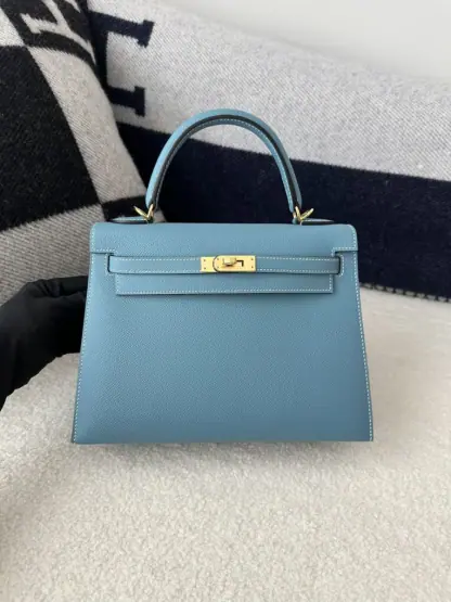  Hermes Kelly 25 CC75 Blue jean Handmade Epsom Gold #3546 - Image 16