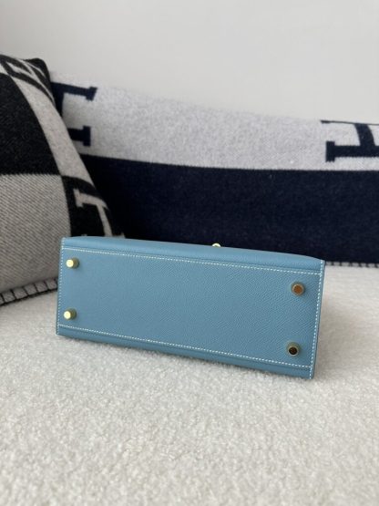  Hermes Kelly 25 CC75 Blue jean Handmade Epsom Gold #3546 - Image 11