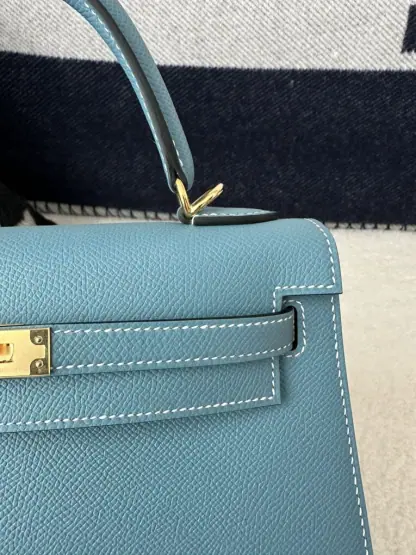  Hermes Kelly 25 CC75 Blue jean Handmade Epsom Gold #3546 - Image 17