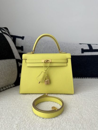 Replica Hermes Kelly 25 9R Lime Handmade Epsom Gold #3545