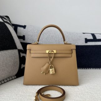 Replica Hermes Kelly 25 0M Chai Handmade Epsom Gold #3544