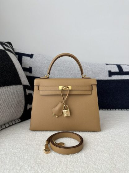 Replica Hermes Kelly 25 0M Chai Handmade Epsom Gold #3544