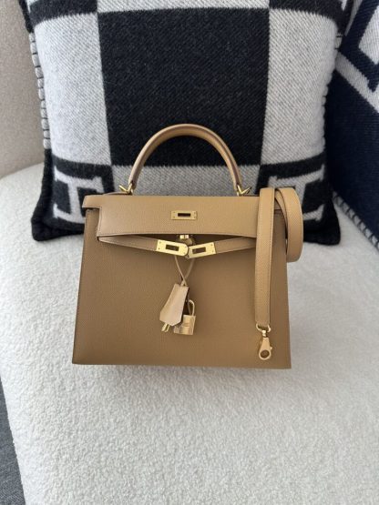  Hermes Kelly 25 0M Chai Handmade Epsom Gold #3544 - Image 2