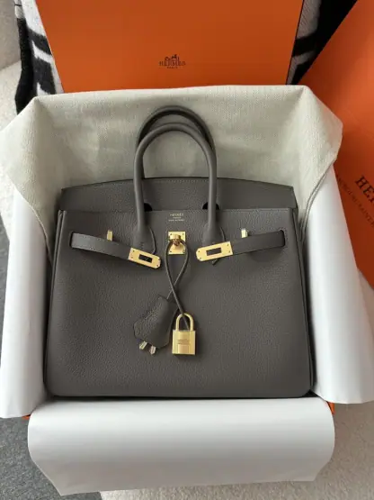 Replica Hermes Birkin 25cm CC8F Etain Handmade Hand Stitching Togo Gold Hardware #3508