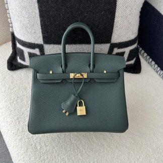 Replica Hermes Birkin 25cm 6O Vert cypres Handmade Hand Stitching Togo Gold #3516