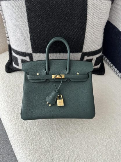 Replica Hermes Birkin 25cm 6O Vert cypres Handmade Hand Stitching Togo Gold #3516