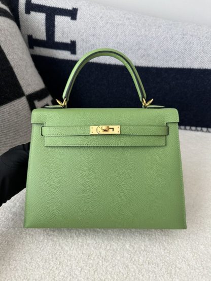  Hermes Kelly 25 3I Vert Criquet Handmade Epsom Gold #3539 - Image 12