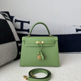 Replica Hermes Kelly 25 3I Vert Criquet Handmade Epsom Gold #3539