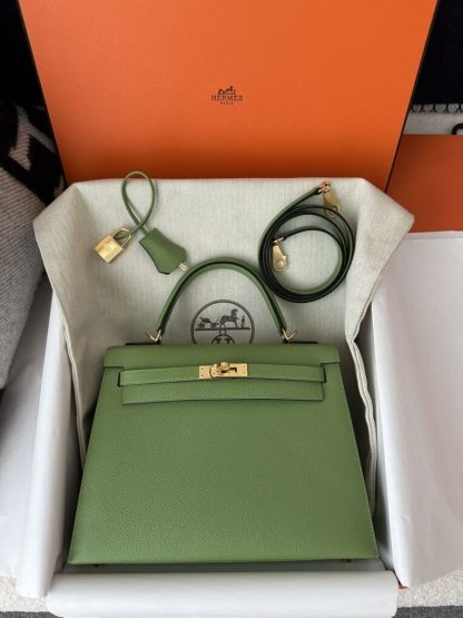  Hermes Kelly 25 3I Vert Criquet Handmade Epsom Gold #3539 - Image 14