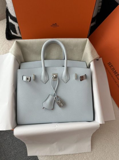  Hermes Birkin 25cm T0 Blue brume Handmade Hand Stitching Epsom Leather Sliver Hardware #3502 - Image 12