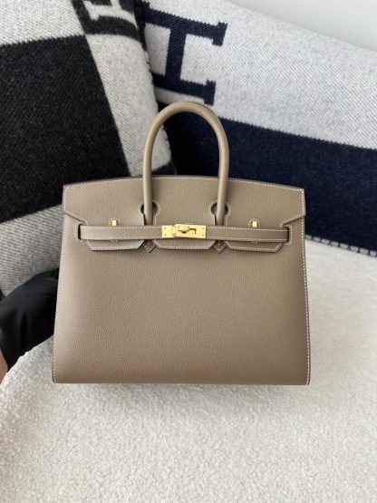 Replica Hermes Birkin 25cm CC18 Etoupe grey Handmade Hand Stitching Epsom Leather Gold Hardware #3500