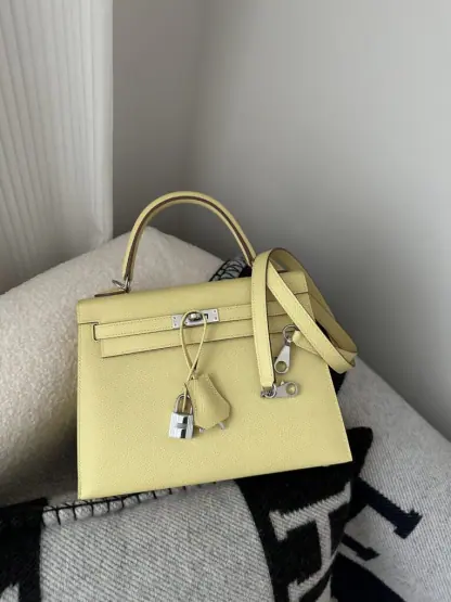  Hermes Kelly 25 1Z Jaune poussin Handmade Epsom Sliver #3538 - Image 16