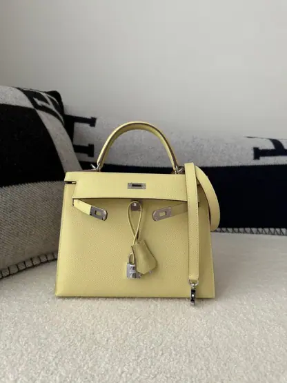  Hermes Kelly 25 1Z Jaune poussin Handmade Epsom Sliver #3538 - Image 4