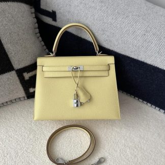 Replica Hermes Kelly 25 1Z Jaune poussin Handmade Epsom Sliver #3538