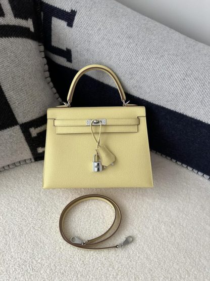 Replica Hermes Kelly 25 1Z Jaune poussin Handmade Epsom Sliver #3538