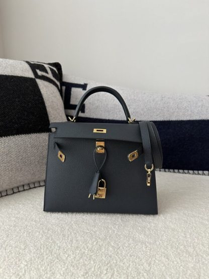  Hermes Kelly 25 2Z Blue Niut Handmade Epsom Gold #3536 - Image 2