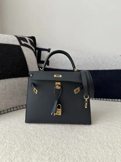  Hermes Kelly 25 2Z Blue Niut Handmade Epsom Gold #3536 - Image 2