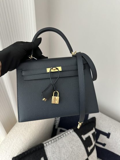  Hermes Kelly 25 2Z Blue Niut Handmade Epsom Gold #3536 - Image 16