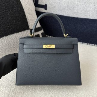 Replica Hermes Kelly 25 2Z Blue Niut Handmade Epsom Gold #3536
