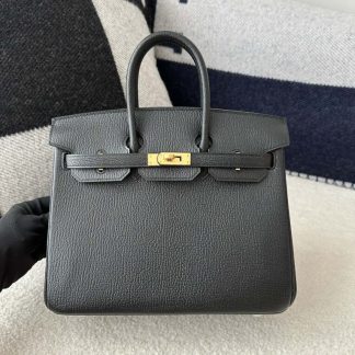 Replica Hermes Birkin 25cm CC89 Noir Handmade Hand Stitching chevre Leather Gold Hardware #3499