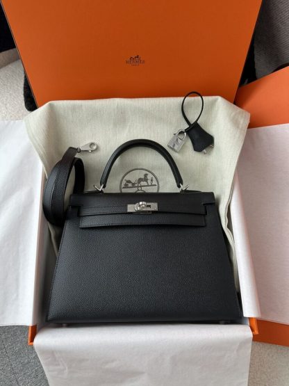  Hermes Kelly 25 CK89 Noir Handmade Epsom Sliver #3535 - Image 5