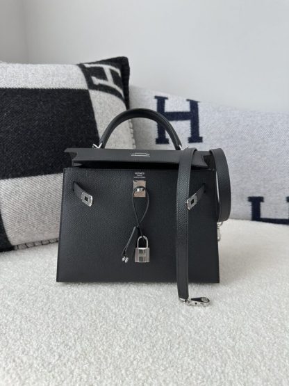  Hermes Kelly 25 CK89 Noir Handmade Epsom Sliver #3535 - Image 7