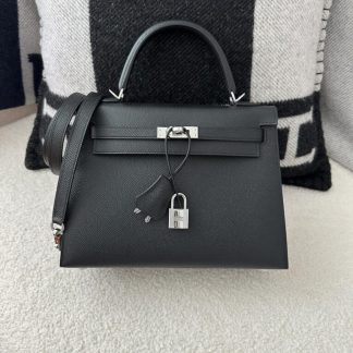 Replica Hermes Kelly 25 CK89 Noir Handmade Epsom Sliver #3535