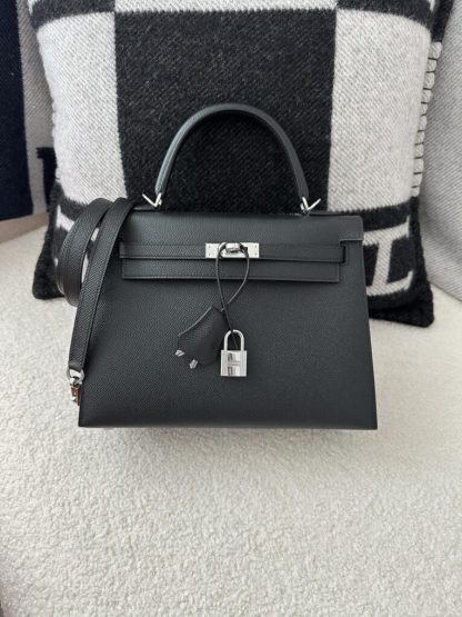 Replica Hermes Kelly 25 CK89 Noir Handmade Epsom Sliver #3535