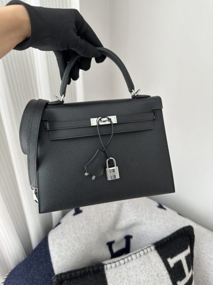  Hermes Kelly 25 CK89 Noir Handmade Epsom Sliver #3535 - Image 9