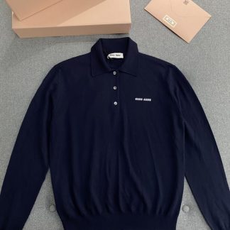Replica Miu Miu Wool knit polo shirt Navy Blue For Women #3602