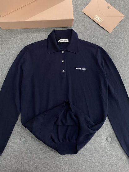  Miu Miu Wool knit polo shirt Navy Blue For Women #3602 - Image 14