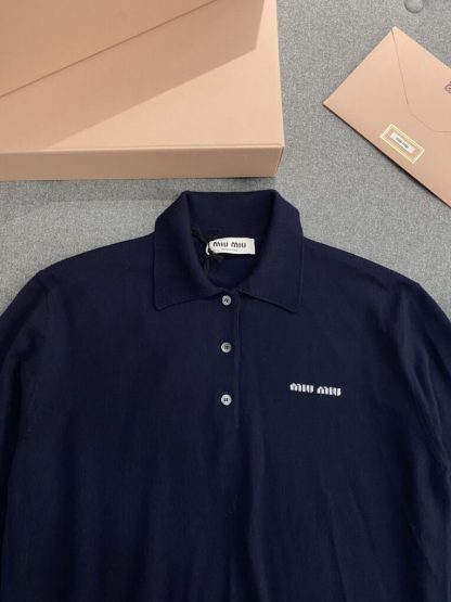  Miu Miu Wool knit polo shirt Navy Blue For Women #3602 - Image 15