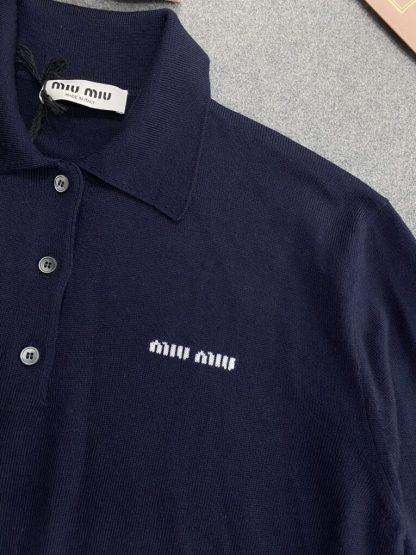  Miu Miu Wool knit polo shirt Navy Blue For Women #3602 - Image 3