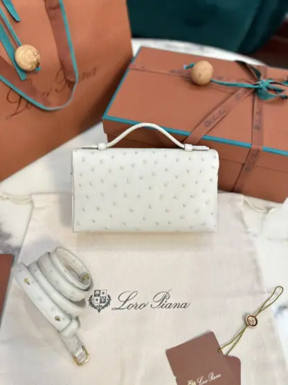 Loro Piana 2024 Extra Bag L27  Ostrich Leather Whisper White Sun Gold #3660 - Image 6