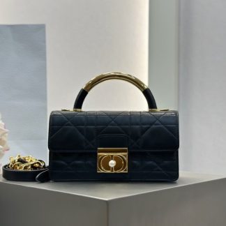 Replica Mini Dior Ange Bag Latte Macrocannage Lambskin Black #3618