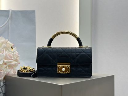 Replica Mini Dior Ange Bag Latte Macrocannage Lambskin Black #3618