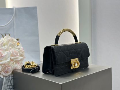  Mini Dior Ange Bag Latte Macrocannage Lambskin Black #3618 - Image 3