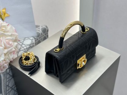  Mini Dior Ange Bag Latte Macrocannage Lambskin Black #3618 - Image 5