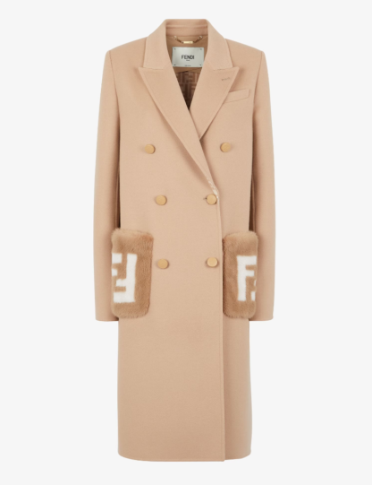 Replica Fendi Beige wool coat With Mink Pocket For Women 24SS #3786